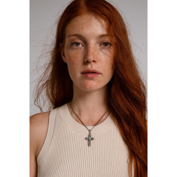 925 Sterling Silver Turquoise Cross Pendant Necklace Vintage Celtic Design - Picture 1 of 3